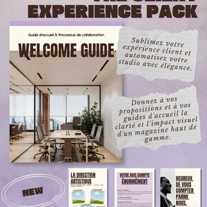 Peut inclure: Un modèle numérique de pack expérience client comprenant un guide d'accueil avec une photo de bureau moderne, des extraits de texte sur papier déchiré et des mises en page pour la direction artistique, les avis clients et un message.