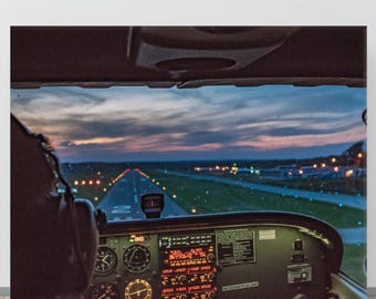 Cockpit Runway Landing at Dusk – Pilot View Aviation Wall Art | Canvas Print