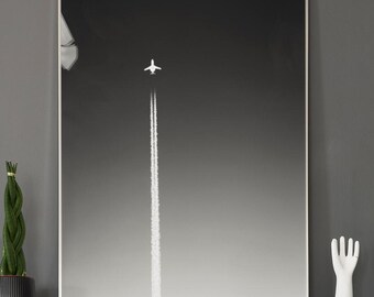Airplane Contrail in Black & White – Minimalist Aviation Wall Art | Framed Photo Print