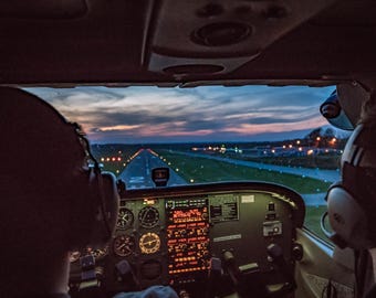 Cockpit Runway Landing at Dusk – Pilot View Aviation Wall Art | Unframed Photo Print