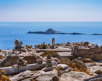 Mykonos Stone Cairns Over Aegean Sea – Greece Coastal Wall Art | Unframed Photo Print