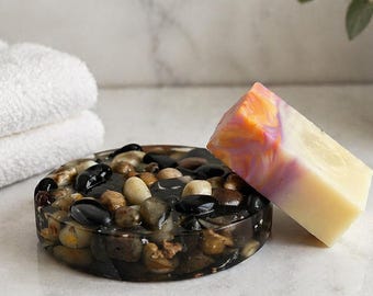Pebble Resin Soap Dish Handmade Stone Holder Spa Bathroom Decor Natural River Rock Style