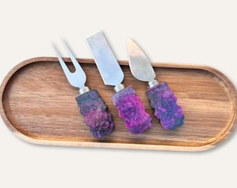 Purple Resin Cheese Knife Set – Handmade Charcuterie Board Tools, Artisan Kitchen Decor