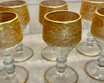 Vintage Paden  City Spring Orchard Gold Encrusted Wine Cordial Glasses - Set of 6, 1930s