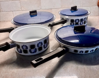 Austria Email Enamelware Set – 1970s Mid Century Modern Peacock Pattern Cookware