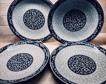 Vintage Seiho Kiln Japanese Porcelain Chop Plates Set of 4, Mino Ware Nami Karakusa Blue and White Dinner Platters Service Chargers Like New