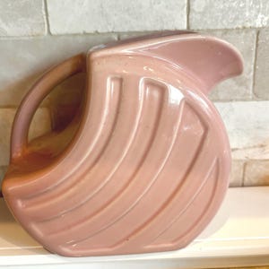 Vintage Alamo Pottery Pink Disc Pitcher, Art Deco Mauve Ceramic Water Jug