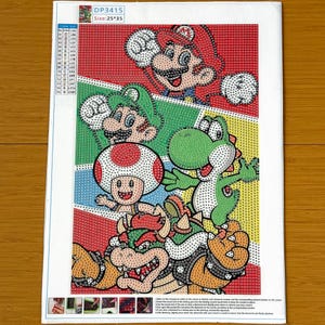 May include: A rectangular diamond painting canvas featuring Mario, Luigi, Toad, Yoshi, and Bowser in a colourful grid layout. The top left corner displays a colour legend with symbols and codes, while the top centre shows the text DP3415 Size:25*35.