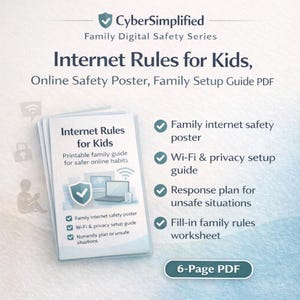 May include: A stack of white paper documents titled "Internet Rules for Kids" with a blue and white graphic. The documents are for online safety, including a family internet safety poster and Wi-Fi setup guide. The image also includes the text "CyberSimplified Family Digital Safety Series."