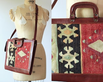 NEWS WEEK vintage kilim leather briefcase bag | handmade wool crossbody purse