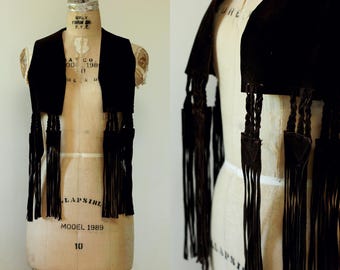 Chaleco boho de ante con flecos de JANIS / estilo hippie / años 70 / artículos de cuero vintage