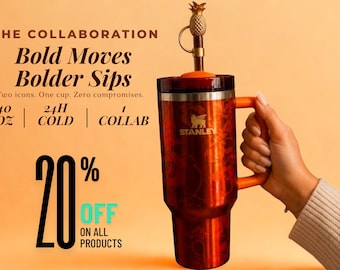 Stanley x Karol G 40oz Tumbler | Quartz Orange Floral Engraved, Gold Pineapple Straw Topper