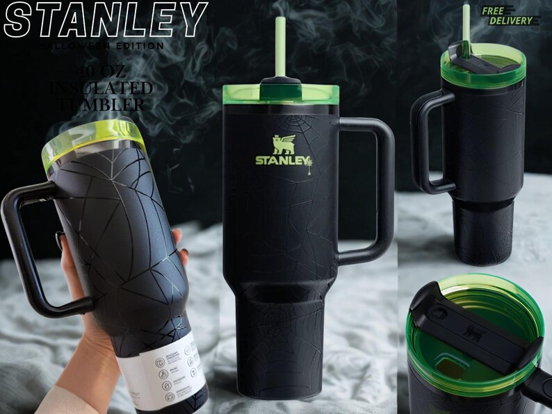 May include: A black 40 oz insulated tumbler with a spiderweb pattern, a lime green lid, and a matching straw. The Stanley logo is printed in lime green on the front. The tumbler features a large side handle and a rotating lid mechanism.
