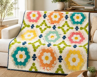 Zeshoekig bloemquiltpatroon pdf | Quilt met bloemenpatchwork | Moderne bloemenquilt | Fat Quarter-vriendelijke worp