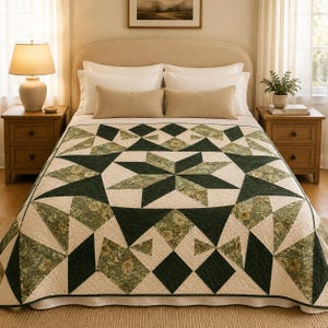 Northwoods stjärnquilt PDF | Geometrisk HST-stjärnquilt | Överkast i king size-storlekar | Nybörjarvänlig | Direktnedladdning