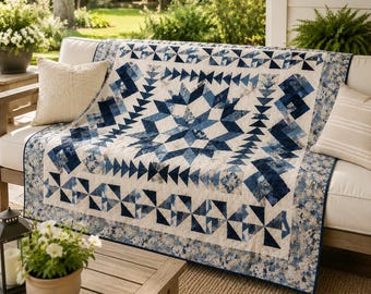 Indigo Star Quilt Pattern PDF – Modern Blue Geometric Patchwork Quilt, Bed Size, Handmade DIY Quilt Tutorial, Instant Download