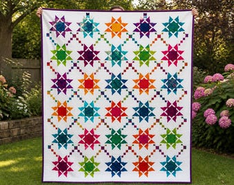Levendige sterquiltpatroon pdf | Moderne patchwork-quilt | Quilt met grote plaid | Directe download (pdf-patroon)