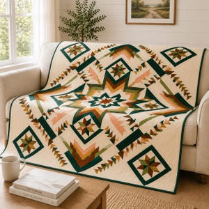 Puede incluir: Un edredón de color crema con un diseño geométrico de estrella en tonos verdes, marrones y melocotón. El edredón está colocado sobre un sofá beige, con un borde verde oscuro. El diseño del edredón presenta formas de estrella y triángulo.