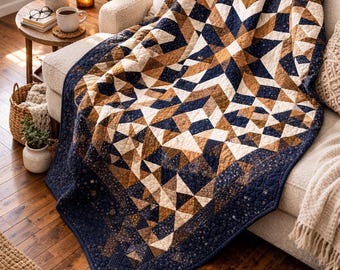 Star Quilt Pattern PDF, Geometric Patchwork Quilt, Half Square Triangle Quilt Pattern, Modern Medallion Quilt, Advanced Quilt Design