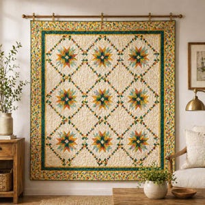 Patrón de colcha de estrellas en PDF – Colcha de estrellas de patchwork moderna / Diseño de colcha para cama Queen/King / Colcha con borde floral / Descarga instantánea