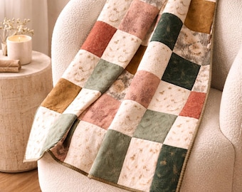 Molde para colcha de retalhos botânica em PDF – Colcha quadrada moderna, design de colcha em tons terrosos, colcha para iniciantes, molde minimalista para cama.