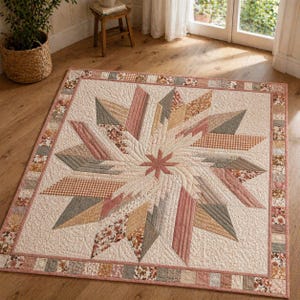 May include: A square quilt with a starburst design. The quilt features a central star in shades of pink and beige, surrounded by radiating geometric shapes in various patterns and colors, including floral, gingham, and solid fabrics. The border is a floral pattern.