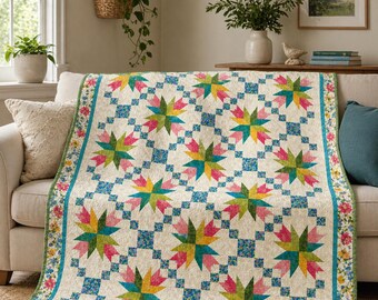 Patrón de colcha de estrellas en PDF / Patrón de colcha de patchwork floral moderno / Patrón de colcha para cama / Colcha de estrellas de herencia / Patrón de acolchado imprimible