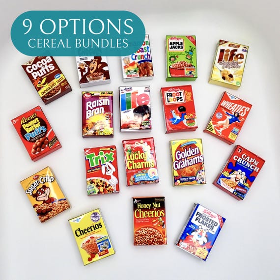 1:12 Scale Miniature Brand-Like Cereal Boxes – Solid Plastic Core, Dollhouse Kitchen Scenes by LBMinisStudio