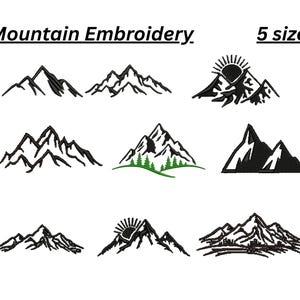 May include: A collection of nine black and white mountain embroidery designs, including some with sun rays and green pine trees. The text "Mountain Embroidery" and "5 size's" is displayed at the top of the image in a black sans-serif font.