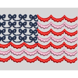 May include: Embroidered design of the American flag. The flag features navy blue bows in the upper left corner, with alternating rows of red and pink scalloped edges. The design is set against a light gray background.