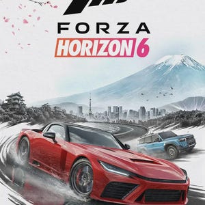 Op de afbeelding: Game cover van Forza Horizon 6. Een rode sportwagen racet op een kronkelende weg, met een blauwe SUV op de achtergrond. Het logo en de titel van de game worden weergegeven, met een berg en een skyline op de achtergrond.