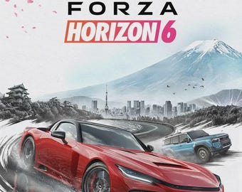 May include: Forza Horizon 6 game cover art. A red sports car speeds along a winding road, with a blue SUV in the background. The game's logo and title are prominently displayed, with a mountain and city skyline in the background.