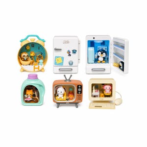 May include: A collection of six miniature playsets featuring stylized animal figures inside various objects including a yellow alarm clock, a white refrigerator, a mint green laundry detergent bottle, an orange television, and a beige computer.
