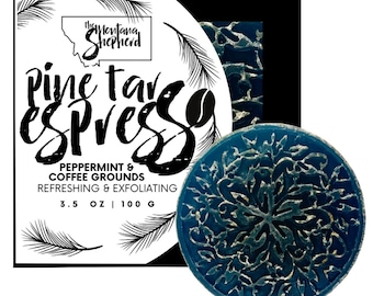 Saponetta artigianale al catrame di pino ed espresso, con esfoliante al caffè e menta (99 g)