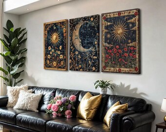 Moon Sun Celestial Art Decor Set of 3 Canvases 16"x12"