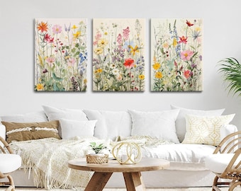 Wildflower White Background Set of 3 Painted Canvases 16"x12"