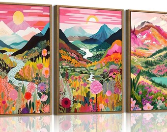 Colorful Mountain Valley Landscape Art Set of 3 Canvases 16"x12"