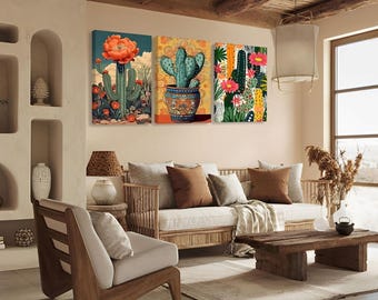 Cactus Wall Art Decor Set of 3 Canvases 16"x12"