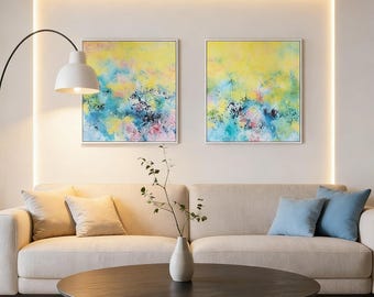 Abstract Sun Wall Art Set of 2:  24" x 24" Painted Canvases