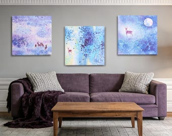 Wild Deer Blue Wall Art Set of 3 16"x16" Canvas Paintings