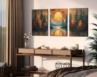 Moon Lake Wall Art Decor Set of 3 Canvases 12"x16"