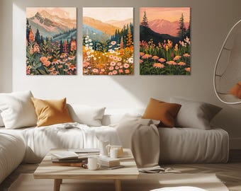 Boho Wall Art Mountain Fields 16"x12" Set of 3 Canvas Paintings