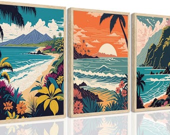 Hawaii Tropical Wall Art Decor Set of 3 Canvases 16"x12"