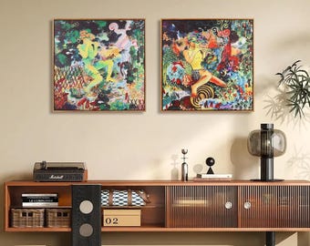 Boho Wall Art Set of 2 Paintings Framed 24"x24"