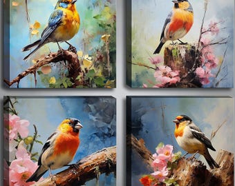 Birds Print Wall Art Decor Set of 4 Canvases 12"x12"