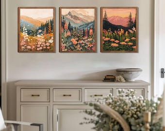 Flower Boho Wall Art Decor Set of 3 Canvases 16"x12" + 9 Prints
