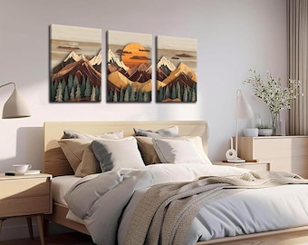 Wooden Mountains Abstract Wall Art Set of 3 Canvas 16"x12"