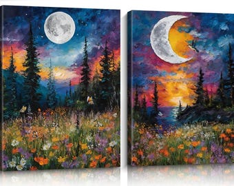 Moon Wall Decor Art Set of 2 Canvas 16"x12"