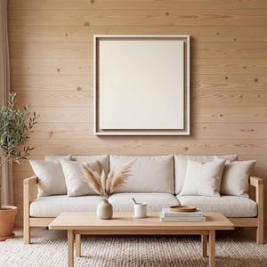 May include: A light-filled living room with a neutral color palette. A beige sofa with matching pillows sits in front of a light wood wall. A wooden coffee table holds books and a vase with dried flowers. A framed artwork hangs above the sofa.