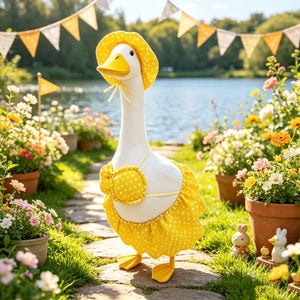 May include: A plush white goose wearing a yellow polka-dot bikini, matching sun hat, and ruffled skirt. The goose stands on a stone path in a garden with flowers and a lake in the background.